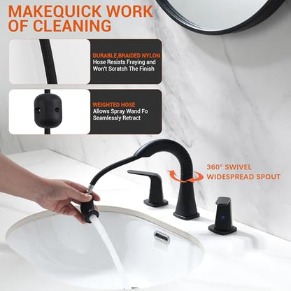 Pull Down Bathroom Faucet Black- Matte Black Sink Faucet with Sprayer, Bathroom Pull Out Faucets, 2-Handles Widespread Vanity Faucets 3 Hole 8 Inch 360 Swivel Spout with Pop-up Drain & Lines - color: Black