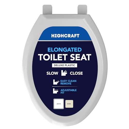 HIGHCRAFT Premium Elongated Toilet Seat with Slow-Close Design, Adjustable Hinges & Quick Removal Mechanism - Plastic Toilet Seat - Fits Standard Elongated Toilets - Oval Toilet Seat in White - color: White, size: Elongated