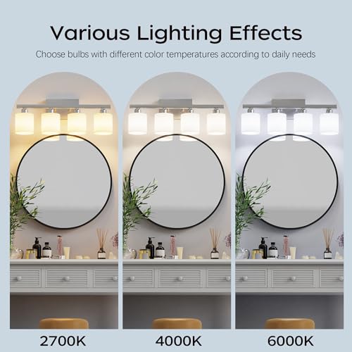 Bathroom Light Fixtures, Bathroom Lighting Fixtures Over Mirror, Classic Vanity Lights, Modern Vanity Light with Textured Frosted Opal White Glass Shades, Brushed Nickel, 4-Light - color: ‎Brushed Nickel, size: 4-Light