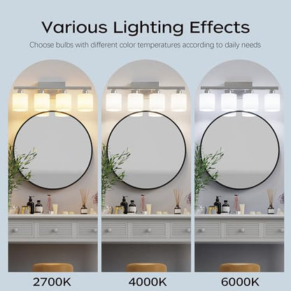 Bathroom Light Fixtures, Bathroom Lighting Fixtures Over Mirror, Classic Vanity Lights, Modern Vanity Light with Textured Frosted Opal White Glass Shades, Brushed Nickel, 4-Light - color: ‎Brushed Nickel, size: 4-Light