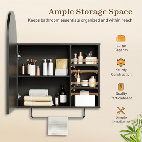 Arched Bathroom Medicine Cabinet Mirror with Storage, Modern Arch Mirrored Cabinets, Wall-Mounted Vanity with 2 Adjustable Shelves & Towel Bar, Not Recessed, Black - color: Black