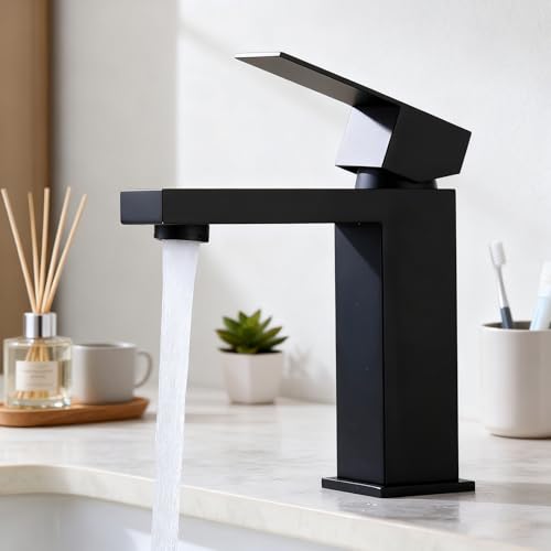 Black Bathroom Faucets One Hole Sink Faucet Single Handle 1 Hole Vanity SUS304 Stainless Steel Faucet for Bathroom Sink Matte Black Bathroom Faucet, SF3-BK - color: Matte Black, style: For 1 Hole Sink: Only Faucet (NO Drain)