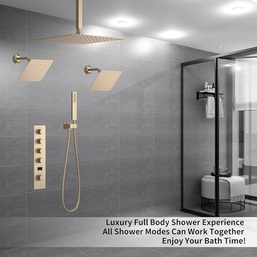 Brushed Gold Shower System with 3 Rain Shower Head(12+8+8 inch), Handheld Spray, 4 Way Smart Temperature Display Shower Faucet set - color: Brushed Gold, size: 12+8+8 inch