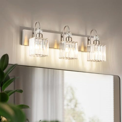 Ralbay Brushed Nickel Vanity Light for Bathroom Crystal 3-Light Modern Crystal Bathroom Light Fixtures - color: Square-Brushed Nickel, size: 3-light
