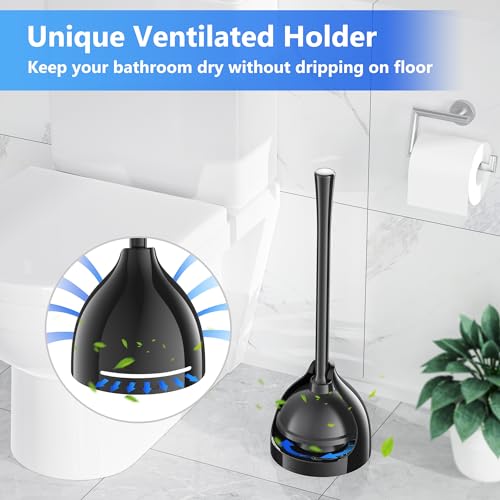 Toilet Plunger and Brush, Bowl Brush and Heavy Duty Toilet Plunger Set with Ventilated Holder, 2-in-1 Toilet Brush and Plunger Combo for Bathroom Cleaning (Black)