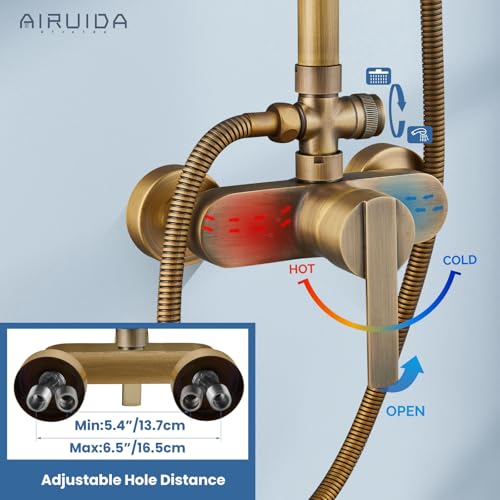 Airuida Antique Brass Exposed Shower System with Handheld Spray | Single Handle,Wall Mount,8 Inch Rainfall Shower Head,Dual Function,Exposed Pipe Fixture for Bathroom - color: Antique Brass