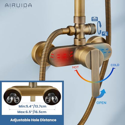 Airuida Antique Brass Exposed Shower System with Handheld Spray | Single Handle,Wall Mount,8 Inch Rainfall Shower Head,Dual Function,Exposed Pipe Fixture for Bathroom - color: Antique Brass