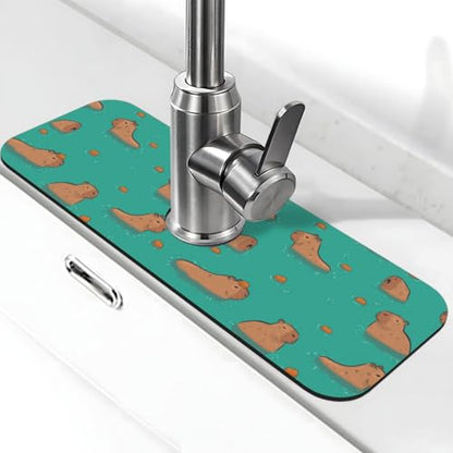 Cute Capybara Play Eat Food Kitchen Sink Splash Guard Faucet Mat Super Absorbent Fast Drying Mat Sink Gadgets-Fast Drying Pad Sink Mat For Kitchen Bathroom (15" X 5.5" ) - color: Cute Capybara