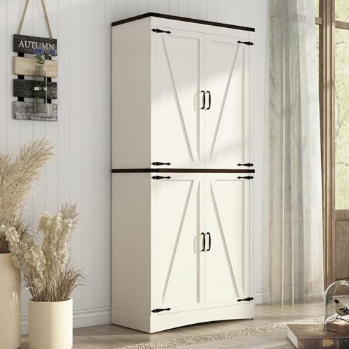 Hlivelood 71" Tall Kitchen Pantry,Farmhouse Storage Cabinet with Adjustable Shelves,Load-Bearing Steel Pipe,Farmhouse Pantry Cabinet with 4 Barn Doors,for Kitchen,Dining Room,Living Room(Rustic White) - color: Rustic White