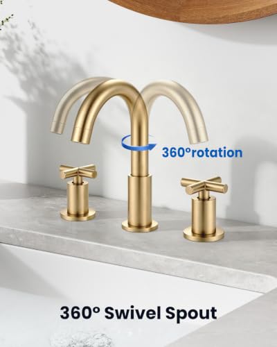 gotonovo 3 Hole Bathroom Faucet 8 inch Widespread Sink Vanity Faucet for Bathroom Sink 2 Cross Handle Deck Mount Basin with Pop Up Drain 360° Swivel Spout Brushed Gold - color: Brushed Gold