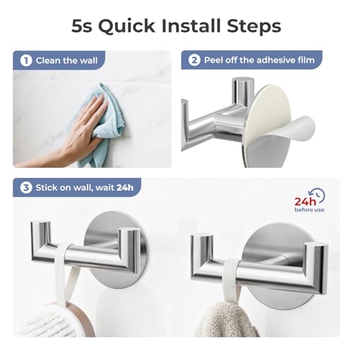 2 Pack Brushed Nickel Bathroom Hooks for Towels, Robes, Coats, Shower Use | Self-Adhesive, Stainless Steel, Rust Resistant, Double hooks, Easy Install, Space Saving - color: Silver