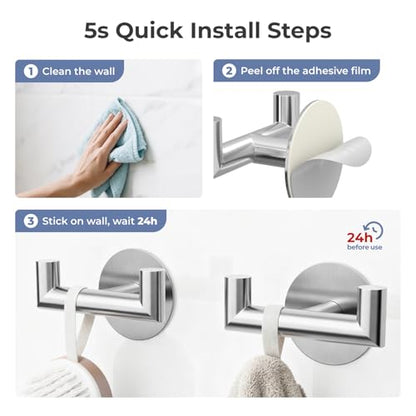 2 Pack Brushed Nickel Bathroom Hooks for Towels, Robes, Coats, Shower Use | Self-Adhesive, Stainless Steel, Rust Resistant, Double hooks, Easy Install, Space Saving - color: Silver