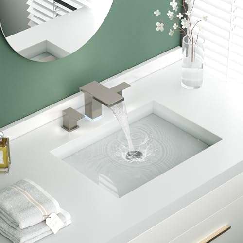 Hoimpro LED Bathroom Faucet 3 Hole Brushed Nickel Waterfall Sink Faucet 8 Inch Widespread Modern Vanity 2 Handle Wide Spread Bath Fixture Light Changing with Pop Up Drain Touch On Three Hole 3 Piece - color: Brushed, style: LED