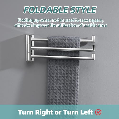 Swivel Towel Rack with 3-Arm, Polished Chrome, 304 Stainless Steel | Rustproof for Bathroom Kitchen RV, 180° Rotating Towel Bar, Fold-Flat Design, Hand Towels & Dish Rags, Drilling Mounted - color: Polished Chrome