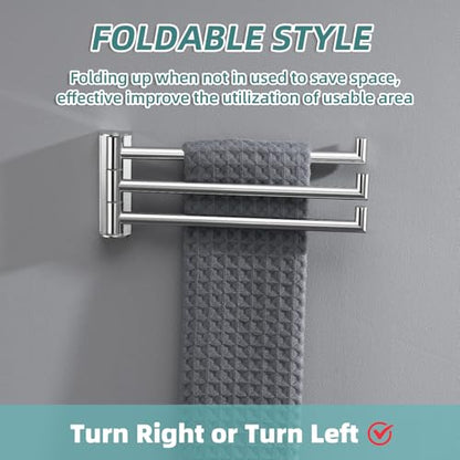 Swivel Towel Rack with 3-Arm, Polished Chrome, 304 Stainless Steel | Rustproof for Bathroom Kitchen RV, 180° Rotating Towel Bar, Fold-Flat Design, Hand Towels & Dish Rags, Drilling Mounted - color: Polished Chrome