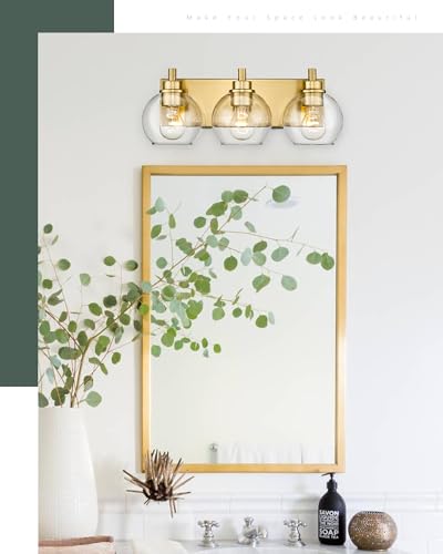 Bathroom Light Fixtures, 3-Light Brushed Gold Vanity Light, Modern Wall Sconces with Clear Glass Globe Shade, Bathroom Wall Lights for Mirror Kitchen Bedroom Hallway Living Room, VL195-GD-3 | 18" modern bathroom light fixtures over mirror, E26 base, bulbs