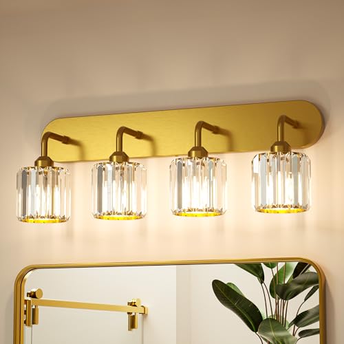 Keonjinn 4-Light Bathroom Light Fixtures, Crystal Gold Bathroom Vanity Lights Over Mirror, Vanity Lighting Fixtures with Crystal Square Shades (E26 Socket, Exclude Bulb) - color: Gold, size: 4-Light