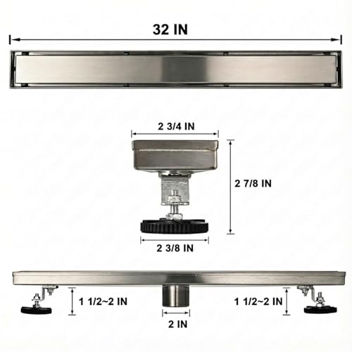 AVSIILE Linear Shower Floor Drain, 32 Inch Brushed Nickel 304 Stainless Steel Bathroom Drains Kit, Rectangular Shower Trench Drain with Reversable Tile-in Pattern Drain Cover & Hair Catcher - color: Brushed Stainless, size: 32 Inch
