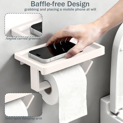 Cream White Toilet Paper Holder with Shelf | Self Adhesive Toilet Tissue Roll Holder Wall Mount for Bathroom, Washroom, Kitchen, RV with Cell Phone Storage