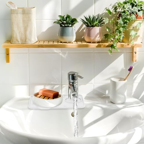 Dimeho Sink Faucet Splash Guard Mat Silicone Soap Dish Pad Small Faucet Handle Drip Catch Sponge Holder Sink Protector Trays for Bathroom Kitchen Countertop Gadgets Accessories 8.3 x 5.7 Inch - color: White
