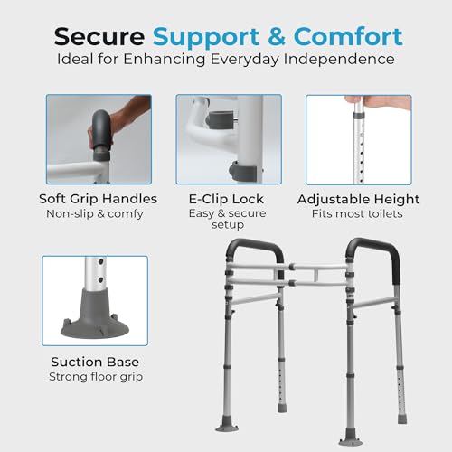 Toilet Safety Rails with Handles – Adjustable Toilet Safety Frame for Seniors, Handicap & Disabled, Toilet Assistance for Elderly, Heavy-Duty Anti-Slip Support - Fits All Toilets (Black)