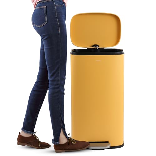 happimess Curtis 8 Gal Step Trash Can Soft Close 25", Daffodil Yellow | Iron Construction, Satin Finish, Removable Liner, Steel Pedal, 20 Trash Bags Included, Kitchen Office Bin - color: Daffodil Yellow