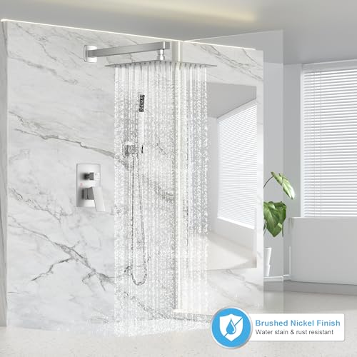FPXRNG Shower Faucet Set Rainfall Shower System with Square Shower Head and Handle Set Rough-in Valve and Metal Trim Kit Included Brushed Nickel 10 Inch Wall Mounted Shower Fixtures - color: Brushed Nickel, size: 10 Inch Wall Mount Shower Head