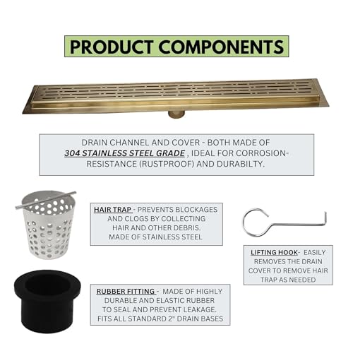 304 Stainless Steel 16 Inch Brushed Gold Shower Drain Kit Broken Lane Brass Linear Shower Drains Long Hair Catcher Strainer Grate Cover Bathroom Floor (Matte Gold, 16 Inch) - color: Matte Gold, size: 16 Inch