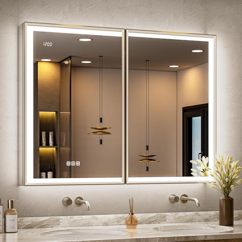 40x30 Lights Medicine Mirror Cabinet, Beveled Brushed Nickel Frame | Lighted Aluminum Bathroom Cabinet, Surface or Recessed Mount, Dimmable 3 Color Temp, Defog, Outlet, Clock, Sensor Inner Light - size: 40x30''