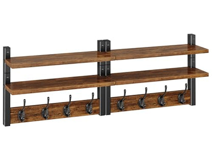 Double Shelf Coat Rack Wall Mount with 8 Hooks, Rustic Brown HWS009H-2 | Wooden Coat Hanger Key Holder Wall Mount for Coats Hats Keys - Wood Wall Mounted Coat Rack with Shelf for Entryway & Bathroom - color: Rustic Brown