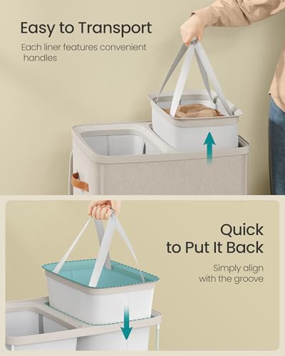 SONGMICS Laundry Basket, 44.9 Gal. Laundry Hamper, 2 Compartments, Easy Assembly, with Lid and Handles, Removable Liners, 22 x 15.7 x 29.5 Inches, Cappuccino Beige ULCB813L01 - color: Cappuccino Beige, size: 170 L (2-Section)
