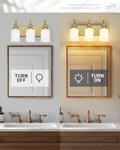 3-Light Bathroom Light Fixture, HWH Modern Vanity Light, Brushed Gold Wall Light Over Mirror, Frosted White Bell-Shaped Glass, 5HZG106B-3W BG - color: Brushed Gold, size: 3-Light