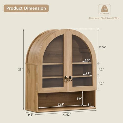 IFGET Bathroom Arched Wall Cabinet, 23.6'' Wide Medicine Cabinet with Adjustable Shelves & Glass Doors, Over The Toilet Storage Wall Mount Cabinet for Laundry Room, Kitchen & Living Room, Natural Oak - color: Natural Oak
