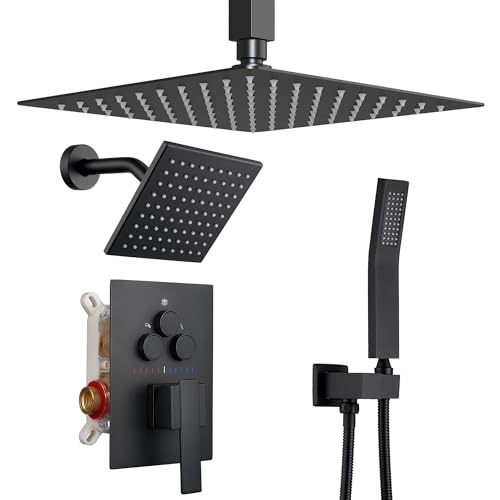 Dasan Matte Black Dual Shower Heads System with Ceiling 12-Inch Rainfall Shower & Wall Mount 6-Inch High Pressure Shower Head, Full Body Dual Shower Set with Handheld Sprayer, 3-Function Shower Faucet - color: Matte Black
