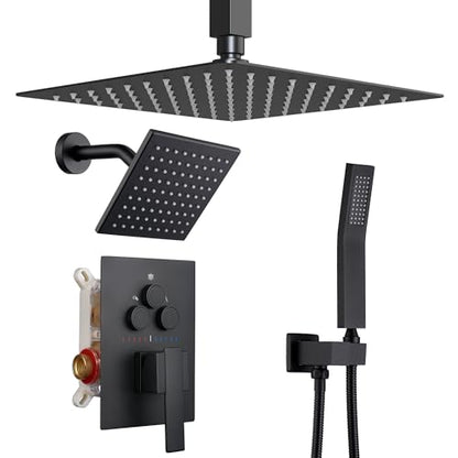 Dasan Matte Black Dual Shower Heads System with Ceiling 12-Inch Rainfall Shower & Wall Mount 6-Inch High Pressure Shower Head, Full Body Dual Shower Set with Handheld Sprayer, 3-Function Shower Faucet - color: Matte Black
