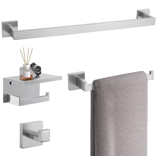 TURS Bathroom Hardware Set 4-Piece Brushed Bath Towel Bar Set Include 24 Inch Towel Bar Hand Towel Holder Towel Hook Toilet Paper Holder with Shelf Stainless Steel Bathroom Accessories Set - color: Brushed Nickel, size: Set A