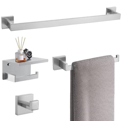 TURS Bathroom Hardware Set 4-Piece Brushed Bath Towel Bar Set Include 24 Inch Towel Bar Hand Towel Holder Towel Hook Toilet Paper Holder with Shelf Stainless Steel Bathroom Accessories Set - color: Brushed Nickel, size: Set A
