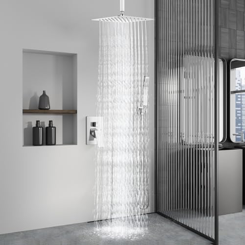 Aolemi Ceiling Shower Faucet with Handheld 16 Inch Head Polish Chrome | Shower Valve and Trim Kit,SUS304 Rain Head and Handle Set System,All Metal,Bathroom, Handheld Spray - color: Chrome, size: 16 Inch Ceiling Shower Head