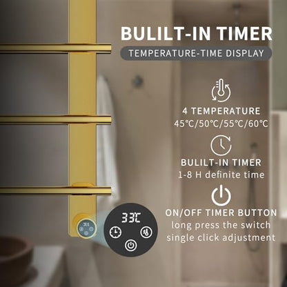 VJASS Electric Heated Towel Warmer with Timer, Wall Mounted Stainless Steel Towel Rack, 4-Bar Fast Heating Towel Drying Rack for Bathroom, Hardwired/Plug-in Options (Brushed Gold) - color: Brushed Gold