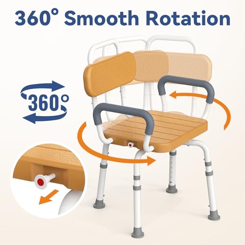 Loyoda Swivel Shower Chair with Removable Arms & Back, Fits Small Bathrooms | Adjustable-Height Rotating Shower Bench – Safety Stool Design, Ideal for Seniors and the Disabled, in Brown