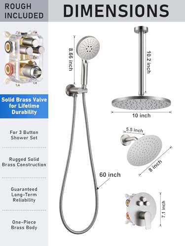 Woindo Shower Faucet Set 10" Rain Shower Head/8'' Side Shower Head and 3 Setting Handheld Ceiling Mount 3 Push Button Diverter Complete Rainfall Round Shower System Included Valve Trim Kit - color: Brushed Nickel, style: 10"-R-Ceiling-02
