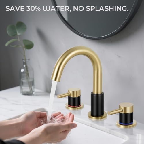 Black and Gold Bathroom Faucet 3 Hole, 2-Handle Widespread Faucet | Lead-free stainless steel, pop-up drain, Detachable faucet aerator, 360°swivel, for RV & vanity sink 3-hole mount - color: 1-Brushed Gold & Black, style: 8 Inch Widespread