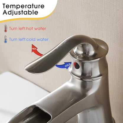 Waterfall Faucet Bathroom Faucet Single Handle One Hole Brushed Nickel Finish Large Spout Lavatory Faucets (Brushed Nickel) - color: Standard - Brushed Nickel - Single
