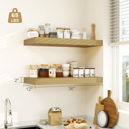Heimlove 12" Deep Oak Floating Shelves,Over Toilet Long Wall Mounted Modern Farmhouse 36 inches,Wall Shelves with Invisible Brackets for Bedroom, Bathroom, Living Room, Kitchen, Set of 1 - color: Oak, size: 35.4"W x 11.6"D x 2"H, 1 Pack