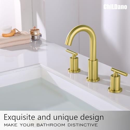 ChiLDano Brushed Gold Bathroom Faucet 3 Hole for Sink Widespread 2 Handles | Gold Vanity Faucet with Drain and Hose, Brushed Brass Gold Sink Faucet for Bathroom, 8 inch 3 Hole Faucets for Bathroom Sink - color: Brushed Gold