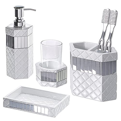 Creative Scents Quilted Mirror 6 Piece Bathroom Accessories Set | Includes Trash can, Tissue Box Cover, Soap Dispenser, Toothbrush Holder, Tumbler Cup & Soap Dish - style: 6 Piece Set