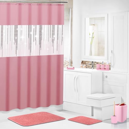 Pink Bathroom Accessories Set with Glitter Shower Curtain and Rugs,Bathroom Sets with Extra Soft and Absorbent Bath Rugs Sequin Shower Curtain Pink Bathroom Sets for Bath Decor - size: Bath Set+Shower Curtain+Bath Rugs, style: Pink1