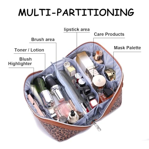 BOYATU Travel Makeup Bag for Women: 3 Pcs Set Portable Make up Bags with Handle - Leopard Print Cosmetic Bags with Comparments - Waterproof Vegan Leather Toiletry Bag (A-1-Brown) - color: 02-A-Brown