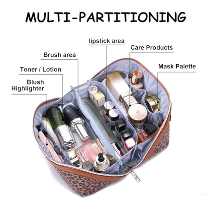 BOYATU Travel Makeup Bag for Women: 3 Pcs Set Portable Make up Bags with Handle - Leopard Print Cosmetic Bags with Comparments - Waterproof Vegan Leather Toiletry Bag (A-1-Brown) - color: 02-A-Brown