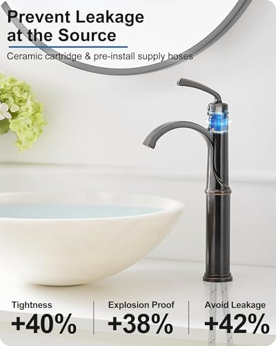 Waterfall Vessel Sink Faucet Oil Rubbed Bronze, Brass Tall Bathroom Faucet with Pop-up Drain, cUPC Supply Hoses, Single Handle for Vanity, Farmhouse, 1 Hole Vessel Sink, 5 Mins Quick Install - color: Oil Rubbed Bronze